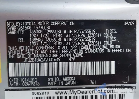 2010 Lexus Rx 450H z USA, uszkodzony, nr VIN JTJZB1BA2A2001649